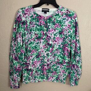 Lands End Floral Watercolor Button Spring Cardigan Large Petite